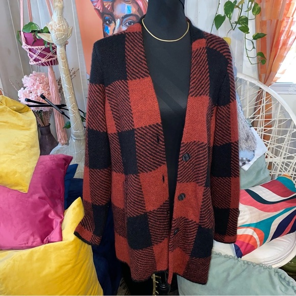 Sweaters - JANA BRAND FLEECE PLAID COZY PLUS CARDIGAN
